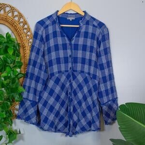 Habitat Blue Plaid Button-Front Peplum Blouse